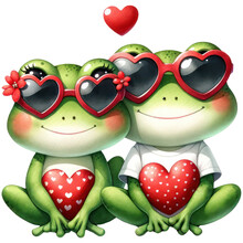 Cute Frog Couple Wearing Red Heart-shaped Glasses And Sitting Together, Watercolor, Isolated On Transparent Background. Generative AI