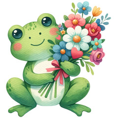 Wall Mural - Cute frog holding bouquet of colorful flowers, Happy Valentine's Day, Watercolor, Isolated on transparent background. Generative AI