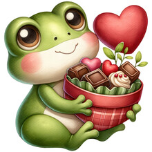 Cute Frog Holding A Box Of Chocolate, Happy Valentine's Day, Watercolor, Isolated On Transparent Background. Generative AI