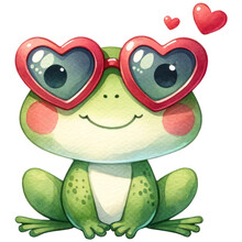 Cute Frog With Red Heart-shaped Glasses, Happy Valentine's Day, Watercolor, Isolated On Transparent Background. Generative AI