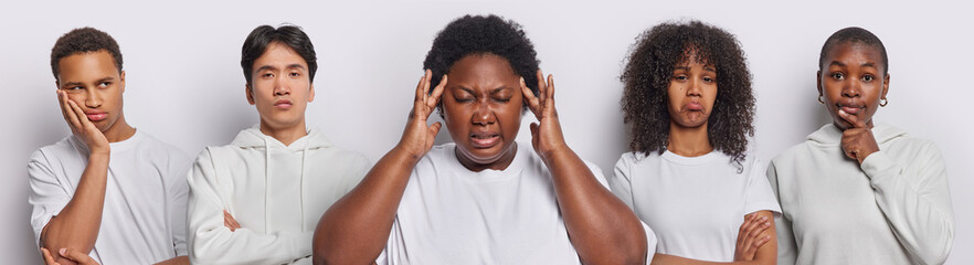 Wall Mural - Collage image of dark skinned woman keeps hands on temples suffers from headache Hindu man standing in assertive pose thoughtful African guy curly haired female dark skinned girl. International people