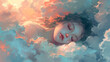 © ALL YOU NEED studio - girl sleeping in the clouds. concept of comfortable sleep and magical dreams, fantastic illustration