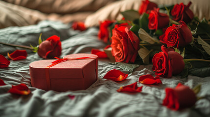 Wall Mural - 
red box in the shape of a heart with bouquets of red roses on a white bed background. concept - gift for valentine's day