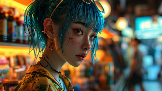 Anime girl with turquoise hair in shopping
