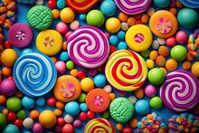  Colorful Lollipops And Different Colored Round Candy. Top View