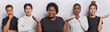 Image of hesitant overweight curly African American woman spreads palms feels confused spreads palms poses between people of different race isolated over white background. Who cares I dont know