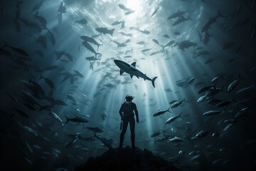 A scuba diver swimming around shark and smaller fishes