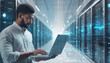 © Abul - Working on a laptop computer with a data center, server room, and massive data storage is a computer engineer. generative ai