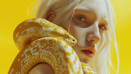 Wall Mural - Close up portrait of a woman with python. White and yellow combination. Minimal animal concept.