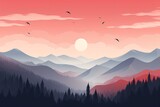 Fototapeta Na ścianę - Minimalistic graphic illustration of a landscape with sunset behind mountains