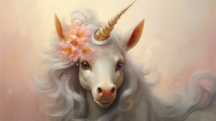 Wall Mural - Illustration of a baby unicorn with mane and horn in pastel colors generative ai
