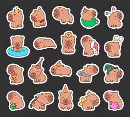 Cute cartoon kawaii capybara. Sticker Bookmark. Animal funny characters. Hand drawn style. Vector drawing. Collection of design elements.