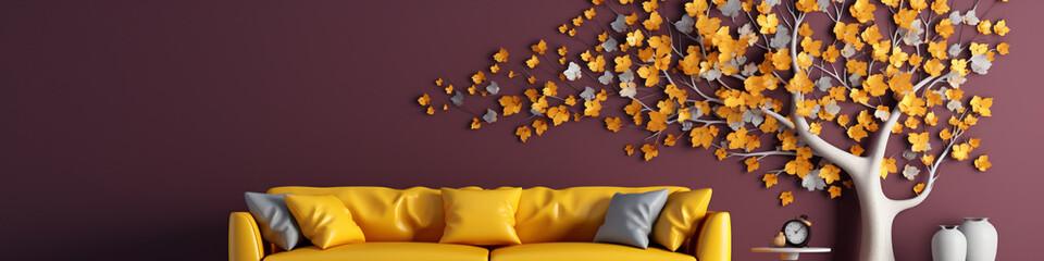 Wall Mural - A 3D intricate pattern of an aspen tree with quaking yellow leaves, against a solid burgundy wall, with a contemporary cream sofa