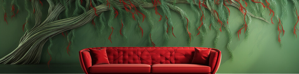 Wall Mural - A 3D intricate willow tree pattern in lush green, cascading over a solid cream wall, accented with a contemporary red sofa