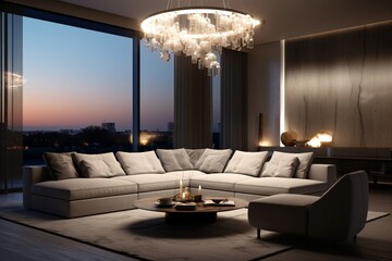 Wall Mural - A luxurious chandelier in a spacious living room of a luxury apartment