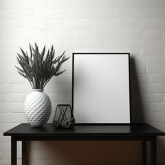 Elegant style, black table white whole, hyper realistic, frame mockup with lamp