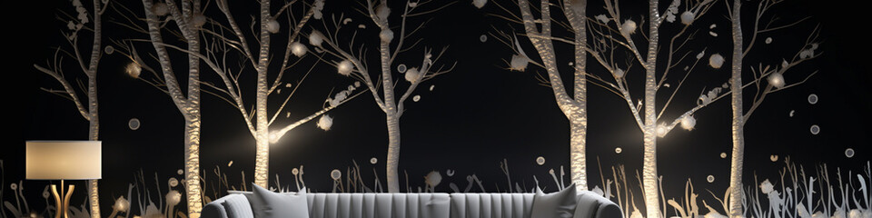 Wall Mural - A silver birch tree in a 3D intricate design with white leaves, set against a midnight black wall, accompanied by a beige sofa.