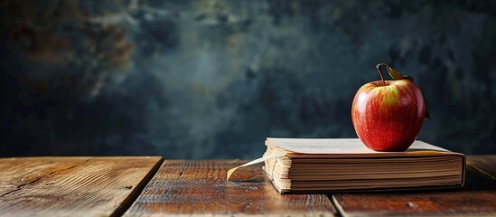 Aufkleber - Open book and red apple on desk with empty chalkboard. Creative Banner. Copyspace image