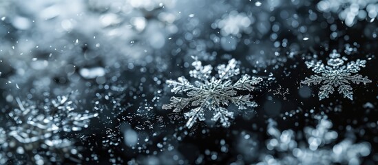 Fototapete - snow black background abstract texture snowflakes falling in the sky overlay. Creative Banner. Copyspace image