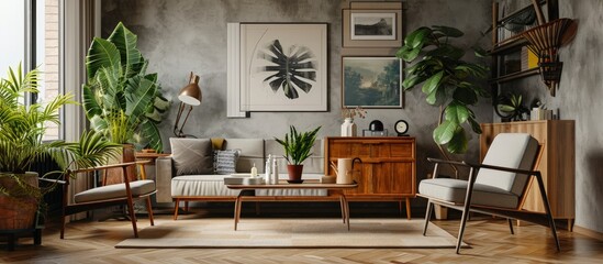 Aufkleber - Modern scandinavian home interior of living room with design retro furniture tropical palm gallery wall decoration and elegant personal accessoreis in stylish home decor. Creative Banner