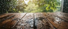 Wood Table Top On Rain Drops On Clear Window Can Be Used For Display Or Montage Your Products. Creative Banner. Copyspace Image
