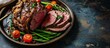 Modern style traditional Commonwealth Sunday roast with sliced cold cuts roast beef with tomatoes and scallions as close up in a design plate. Creative Banner. Copyspace image