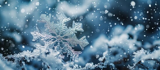 Poster - photo real snowflakes during a snowfall under natural conditions at low temperature. Creative Banner. Copyspace image