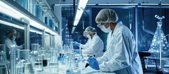 Wall Mural - pov of scientist doctor doing research checking liquid from chemical container working in equipped l