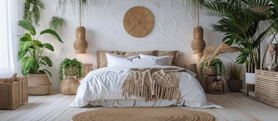 Aufkleber - Stylish and cozy bedroom design Modern comfortable luxury master bedroom Interior design bohemian design decoration beautiful. Creative Banner. Copyspace image