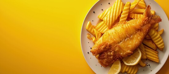 Two pieces of battered fish on a plate with chips. Creative Banner. Copyspace image