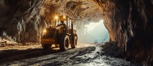 Mining Drilling Machine In Tunnel Of Sylvinite Salt Quarry. Creative Banner. Copyspace Image