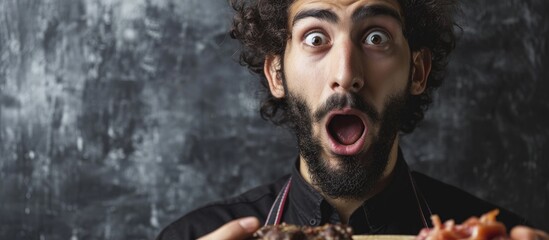 Poster - Young arab man with beard holding board with raw meat afraid and shocked with surprise and amazed expression fear and excited face. Creative Banner. Copyspace image