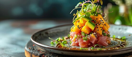 Poster - Tuna mango avocado salad tartare served with green onions and sesame seeds. Creative Banner. Copyspace image