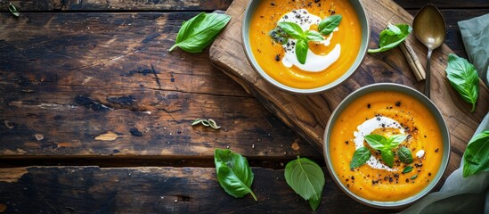 Poster - Pumpkin soup with cream spices and basil in two serving bowls on a natural wooden background Autumn vegetarian soup Top view copy space. Creative Banner. Copyspace image