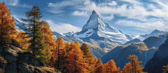 Poster - View on autumn forest snowy Matterhorn mountains and blue sky with white clouds Switzerland. Creative Banner. Copyspace image
