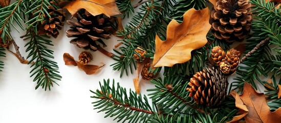 Wall Mural - Pine cone and green leaves on conifer leaves dry yellow needles isolated on white. Creative Banner. Copyspace image