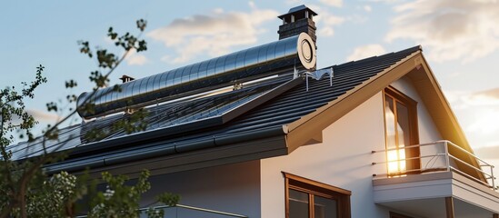 Sticker - Solar water heater on house roof top with gutter balcony air duct and chimney. Creative Banner. Copyspace image