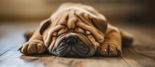 Shar Pei Puppy Sleeping On The Floor Selective Focus On Closed Eyes. Creative Banner. Copyspace Image