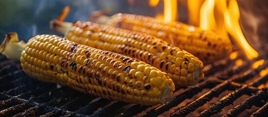 Sticker - Ripe yellow corn is grilled BBQ and grill. Creative Banner. Copyspace image