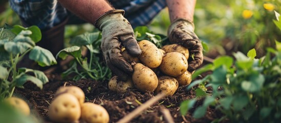 Poster - Organic potato harvest in garden Farmer hands in gloves with freshly harvested potato. Creative Banner. Copyspace image