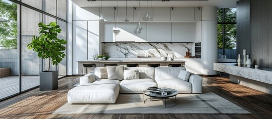 Minimalist and very spacious living room linked with a very modern kitchen. Creative Banner. Copyspace image