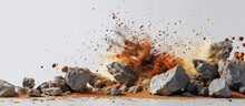 Split Debris Of Stone Exploding With Brown Powder Against White Background. Creative Banner. Copyspace Image