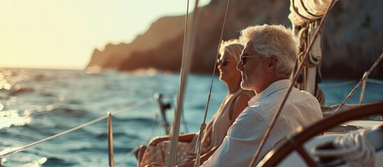Poster - Romantic vacation and luxury travel Senior loving couple sitting on the yacht deck Sailing the sea. Creative Banner. Copyspace image