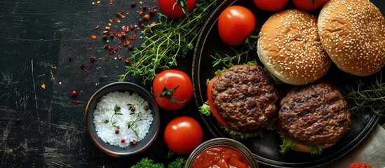 Poster - Raw beef patties sesame buns with other ingredients for hamburgers on dark slate plate. Creative Banner. Copyspace image