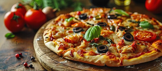 Poster - Traditional Italian pizza with crab sticks and olives Top view free space for your text Rustic style. Creative Banner. Copyspace image