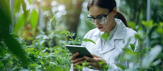Wall Mural - woman scientist genetic engineer with a tablet testing the plant for the presence of genetic modific