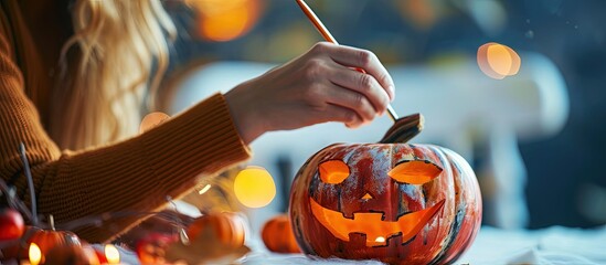 Poster - Woman painting pumpkin for Halloween celebration on light background. Creative Banner. Copyspace image