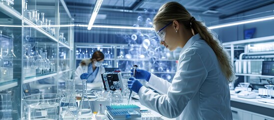 Wall Mural - medical research scientist working on desktop computer with gene analysis software in modern science