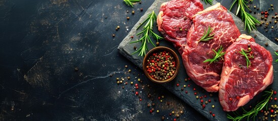 Canvas Print - Ribeye fresh raw beef steak with spices on stone board Top view flat lay with copy space. Creative Banner. Copyspace image