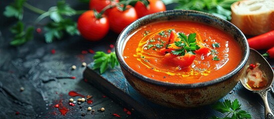 Aufkleber - Roasted tomato red pepper soup Selective focus copy spce. Creative Banner. Copyspace image